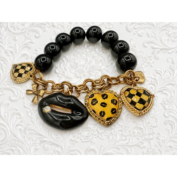 Betsey Johnson Jewelry - Rare Vintage Betsey Johnson Black Bead Leopard Heart Lip Charm Bracelet Y2K